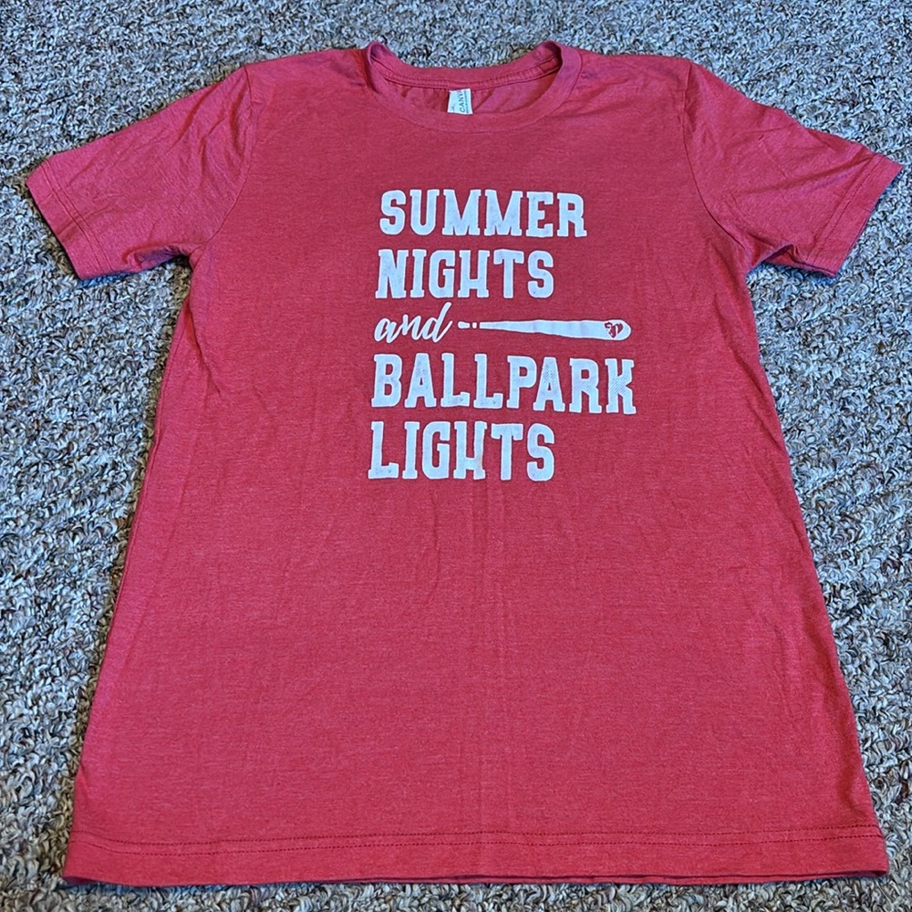 Summer Nights and Ballpark Lights Red T-shirt Baseball Softball Heart Bat